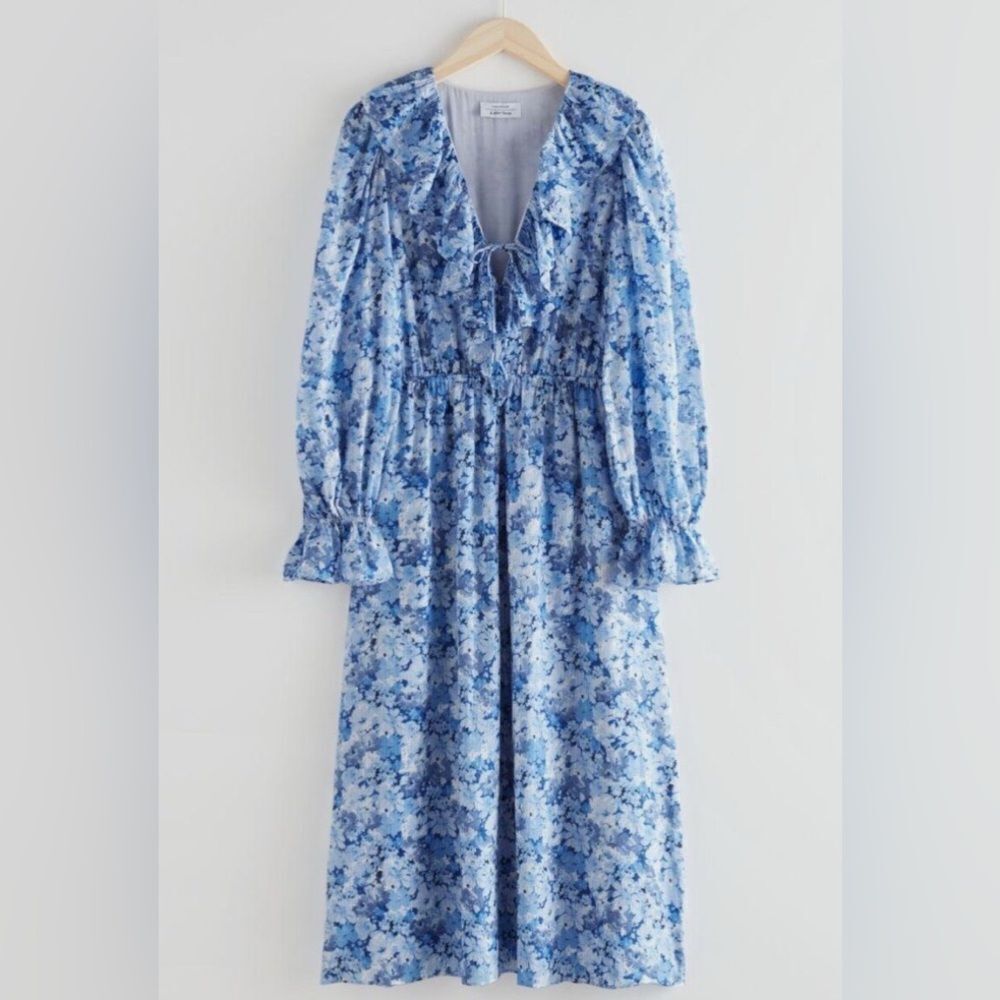 & Other Stories Voluminous Ruffle Long Sleeve Floral Midi Dress Size 10 - Picture 2 of 10